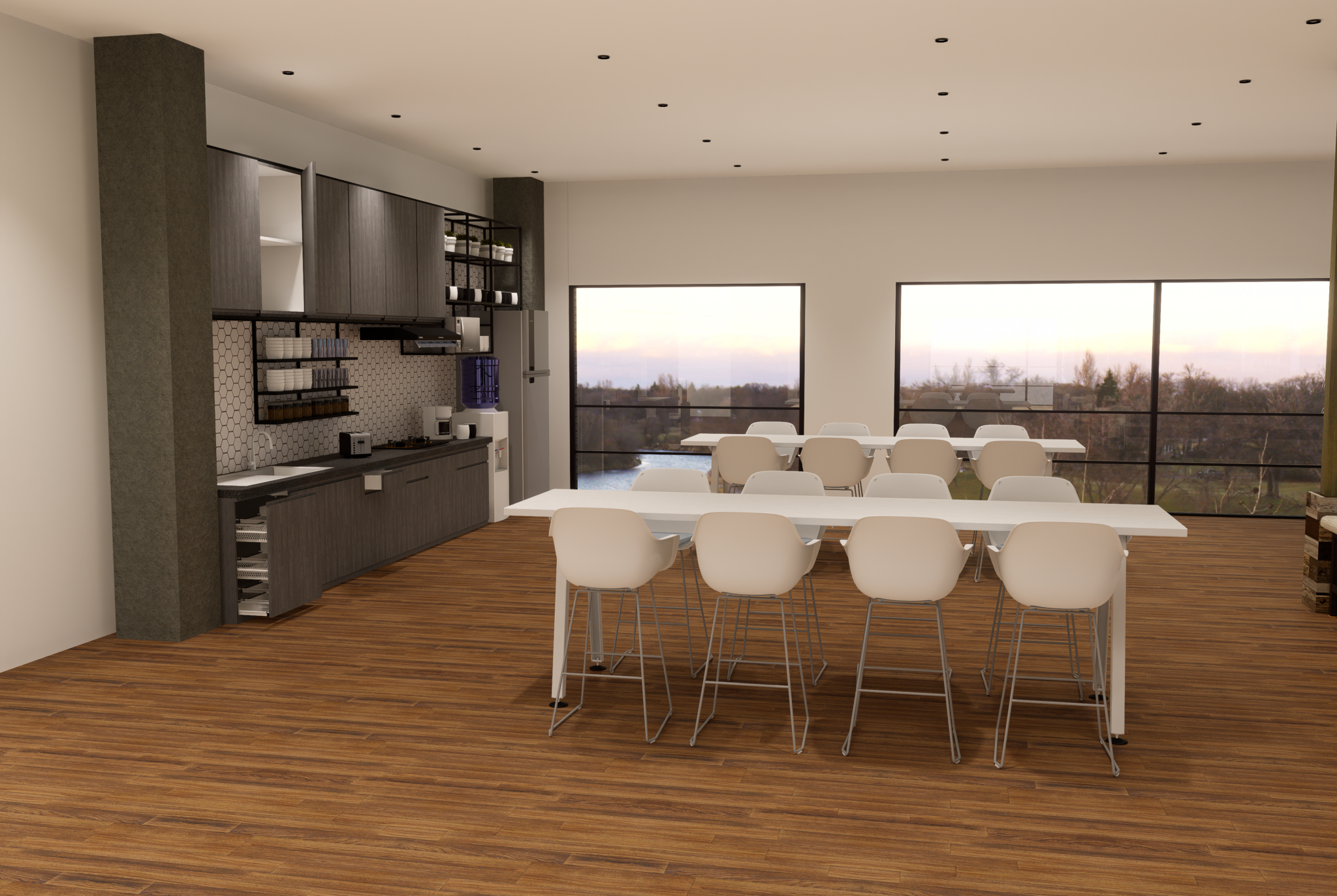 Commercial space rendering of an office kitchen